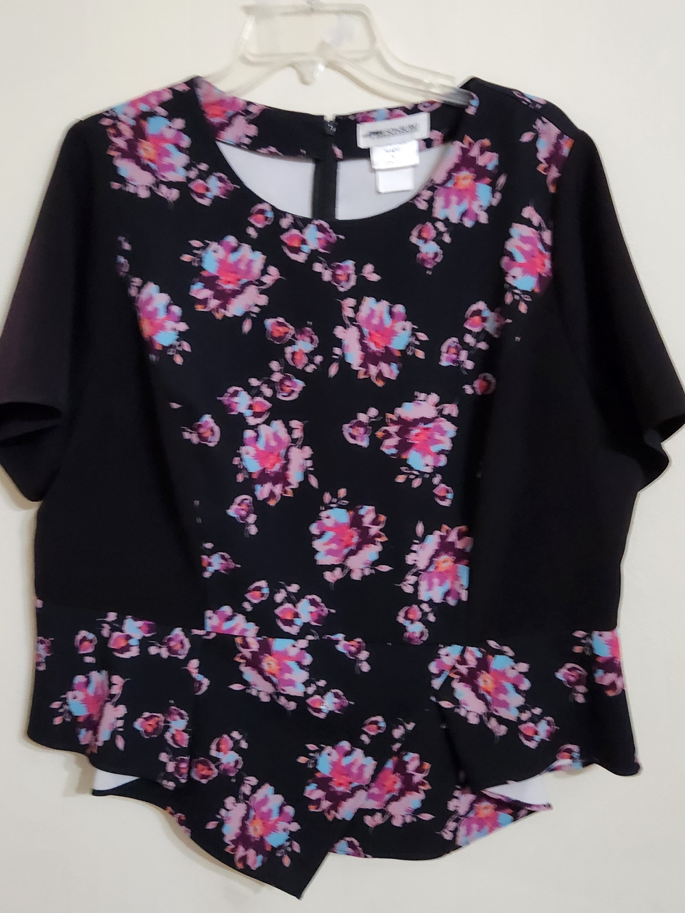 Worthington Black Floral Peplum Top - Pink & Blue Bloom